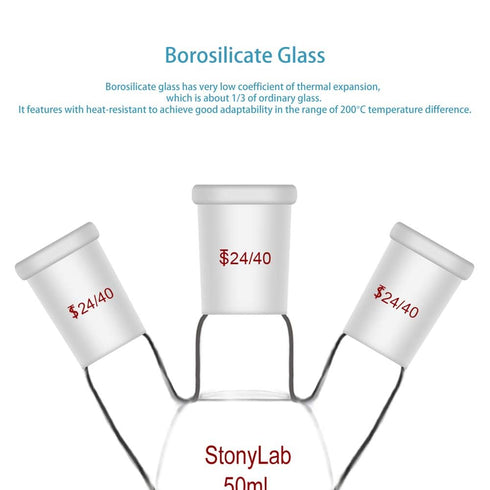 StonyLab Glass 50ml Heavy Wall 3 Neck Round Bottom Flask RBF, 24/40 Center and Side Standard Taper Outer Joint