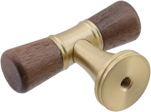 46mm/1.81", 2 Single Hole Wood Drawer Handle Knobs Walnut Cabinet Pulls Brass Base T Bar Knob Pull Handles With Screws