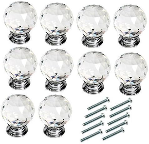 Xshelley 10Pcs 40mm Diamond Cut Clear Crystal Glass Kitchen Drawer Door Knob Cupboard
