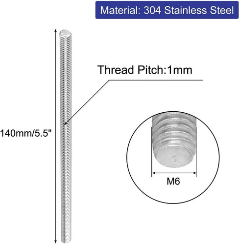 uxcell M6 x 140mm 304 Stainless Steel Fully Male Threaded Rod Bar Studs, 5 Pcs