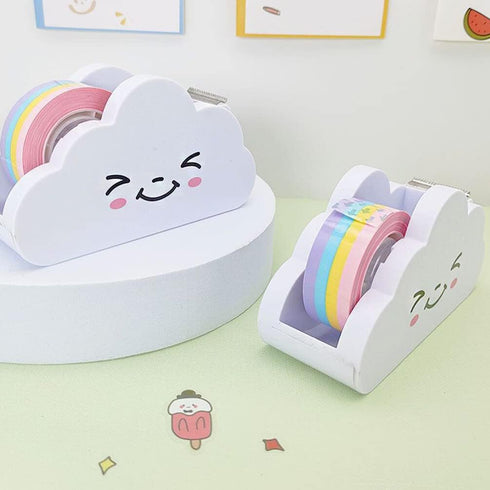 Girls Tape Dispenser Set, Cute Cloud Tape Dispenser + Rainbow Tape, Tape Cutter for Office Desk