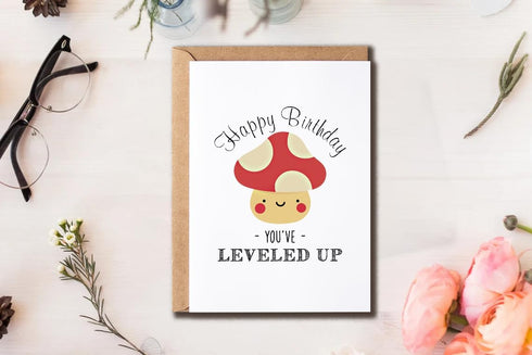 PTTShop You've Leveled Up Mushroom Card - Mushroom Happy Bday Card - Pretty Birthday Greeting Card - Mushroom