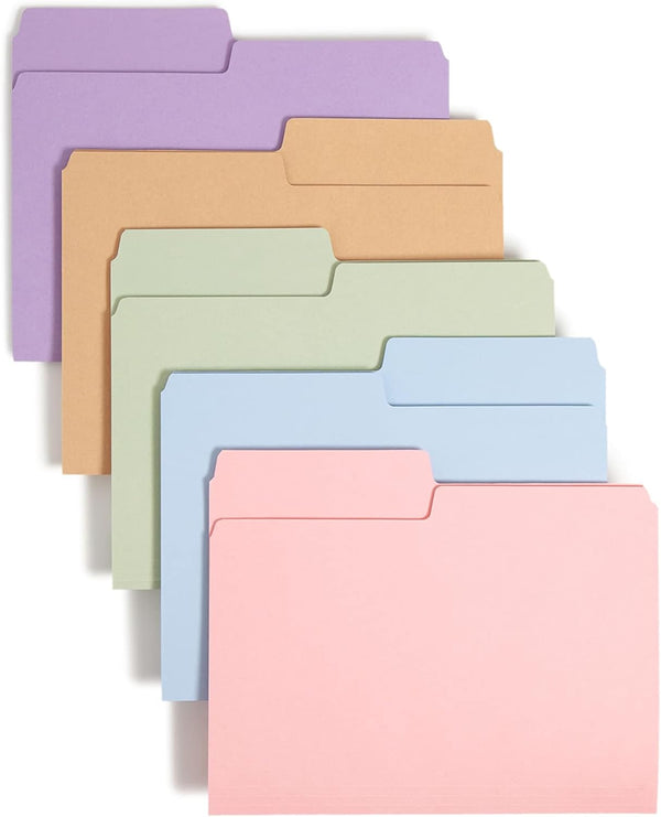 Smead SuperTab File Folder, Oversized 1/2-Cut Tab, Letter Size, Assorted Pastel Colors, 100 per Box (11906)