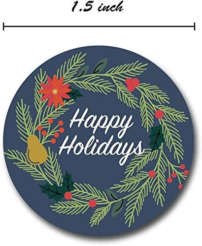 Happy Holidays Stickers, Navy Floral / 1000 Blue Wreath Christmas Labels Roll / 1.5" Round Envelope Seals, Made in USA