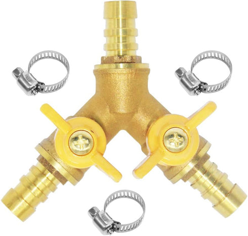Beduan 3 Way Shut Off Ball Valve, 3/8" Hose Barb, Brass Y Shaped Valve with 2 Switches