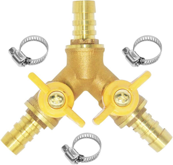 Beduan 3 Way Shut Off Ball Valve, 3/8" Hose Barb, Brass Y Shaped Valve with 2 Switches