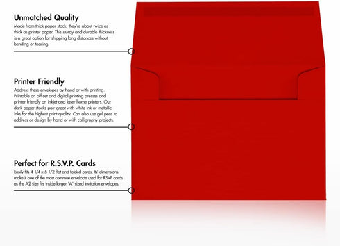 LUXPaper A2 Invitation Envelopes, 4 3/8" x 5 3/4", Holiday Red, 60lb Text, 50 Qty
