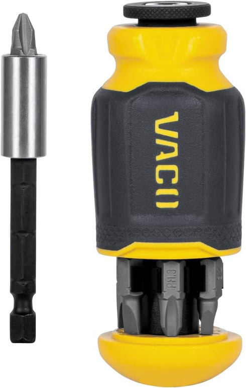 VACO VAC1080 Multi-Bit Stubby Screwdriver, 8-in-1 Adjustable Magnetic Tool with Phillips, Slotted, Square Bits