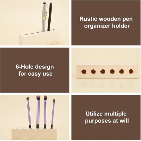 OLYCRAFT 6-Hole Wood Desktop Pen Holder, Rustic Wooden Pen Organizer for Office Desk, Fountain Pen Storage Display