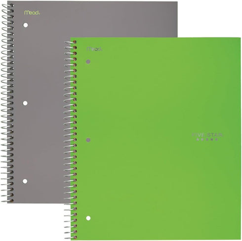 Five Star Spiral Notebooks, 1 Subject, Wide Ruled Paper, 100 Sheets, 10-1/2" x 8", Gray, Lime, 2 Pack