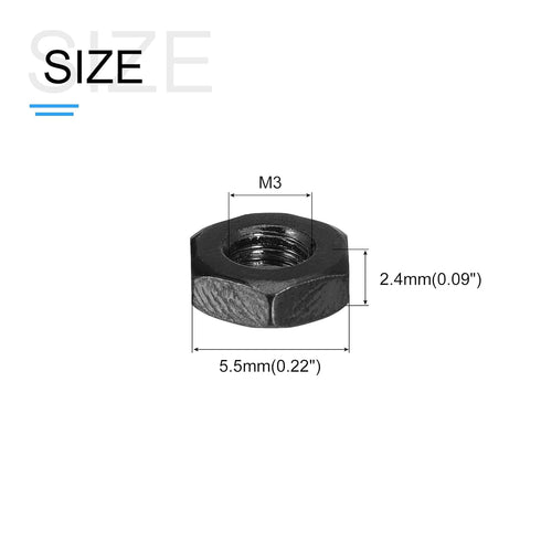 Hex Nuts (M3x0.5mm) 100Pcs, Carbon Steel Metric Coarse Thread Black Oxide Hexagon Nut Hardware - for DIY Home Repair Machinery, Black