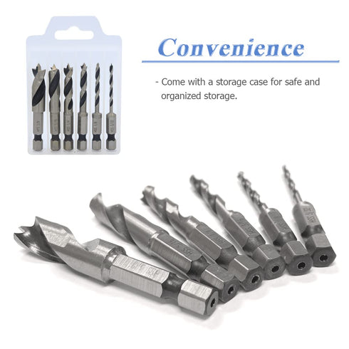Mesee 6Pcs Brad Point Stubby Drill Bits Set, HSS 4241 Steel, 1/4" Quick Change Hex Shank for Woodworking