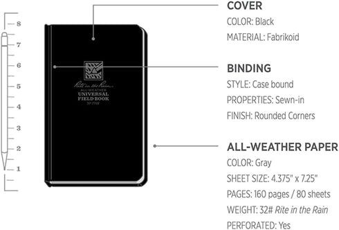Rite in the Rain Weatherproof Hard Cover Notebook - 4.75" x 7.5", Black Cover, Universal Pattern (No. 770F)