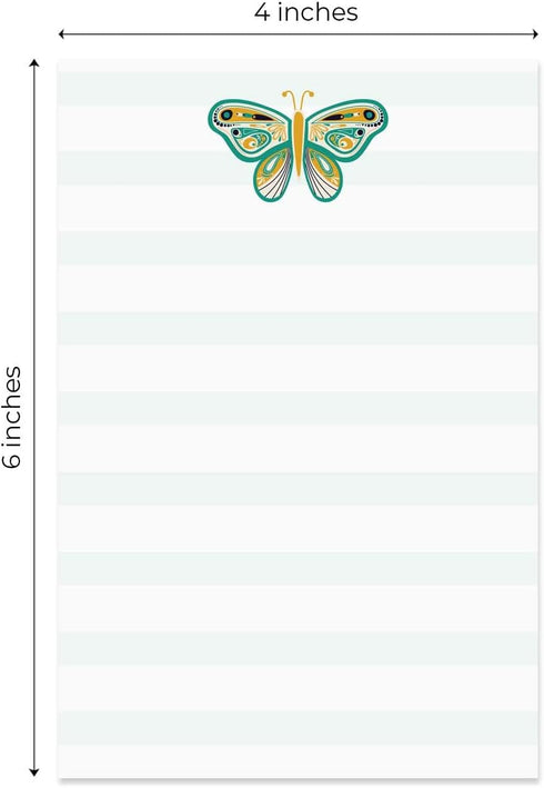Folk Butterfly Sticky Note Pad Set of 5 / 4" x 6" Pastel Whimsical Note Pads / 50 Sheets Each / Made in USA