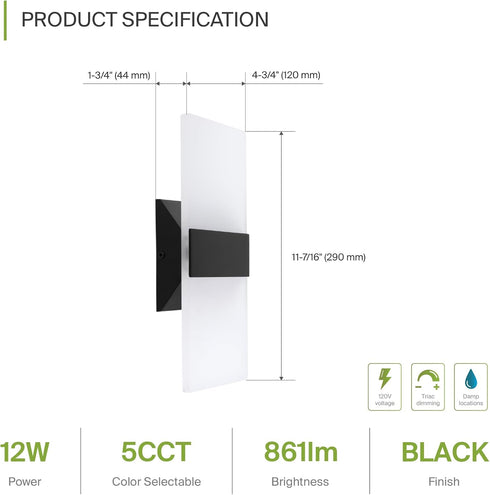 12 Inch 12W 2700K-5000K Dimmable ASD Indoor LED Wall Sconce - Black Wall Sconce Lights for Living Room, Bedroom