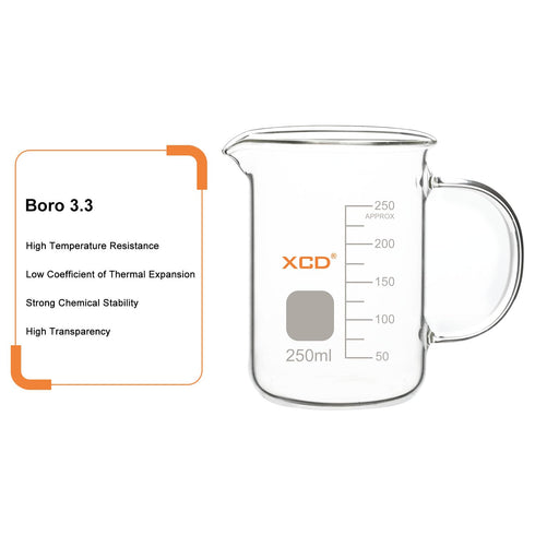XCD Glass Beaker (250 ml), Borosilicate Low Form Griffin Graduated Beaker with Handle and Pouring Spout
