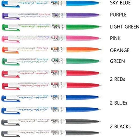 Xeno Slim Ballpoint Pens - Baby Mikey 0.38mm, 9 Color Mix, Pack of 12 with Twistable Pencil
