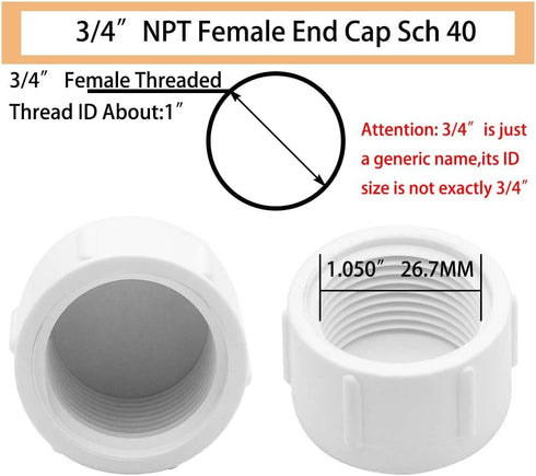 3/4 Inch PVC Cap Female End Cap Plug, 12 Pack for Plumbing Water Line
