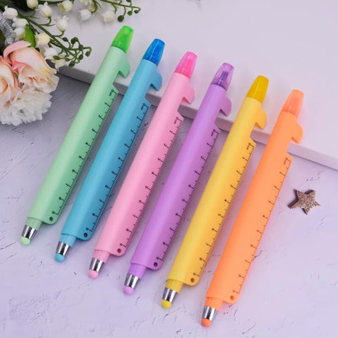 6 4-in-1 Highlighter9cm 6 PCS Multifunctional Pen - Blue Ink Ballpoint Pen, Ruler & Touch Screen Stylus, Assorted