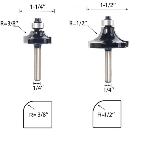6PCS Set 6 3/8" 1/4 2-in-1 Trimming Roundover Router Bit with Extra Guide Bearings, Shank Carbide Edge Forming Bits