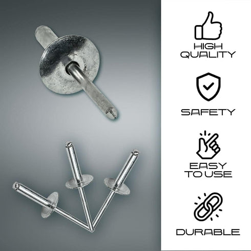100PCS Large Flange Aluminum Pop Rivets 3/16" X 3/4" Big Head Steel Mandrel Dome Body Blind Clenches