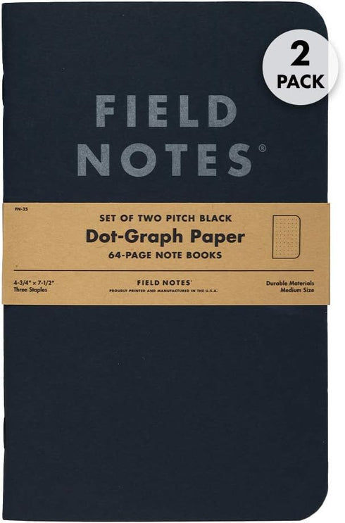 Field Notes 2-Pack Pitch Black Notebooks, 4.75" X 7.5", Dot-graph, 64 Pages, Thin Pocket Sized EDC Notebook, 90 GSM