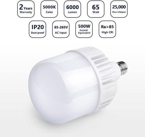 400W-500W Equivalent LED Light Bulb, 6000 Lumen, 5000K Bright Daylight, E26/E27 Medium Base for Large Areas