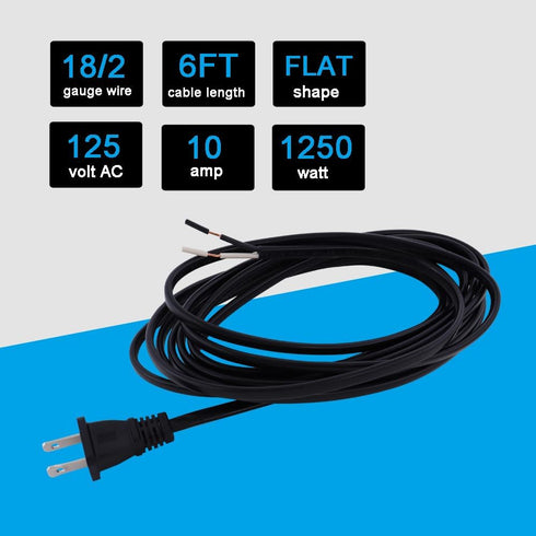 Replacement Power Cord Pigtail 18AWG 2 Prong 6FT Flat Shape 2 Wire Supply Cord with 110V Polarized Plug