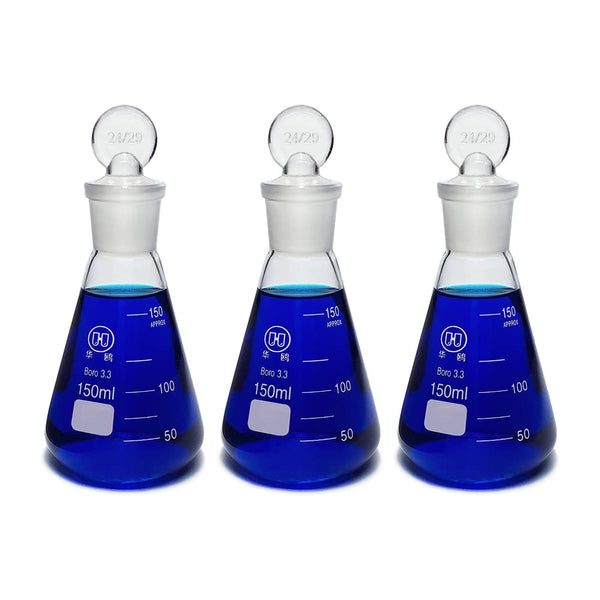 Scientific 150ml Erlenmeyer Conical Flasks Set - Graduated 3.3 Borosilicate Glass with Ground Glass Stoppers, Pack of 3