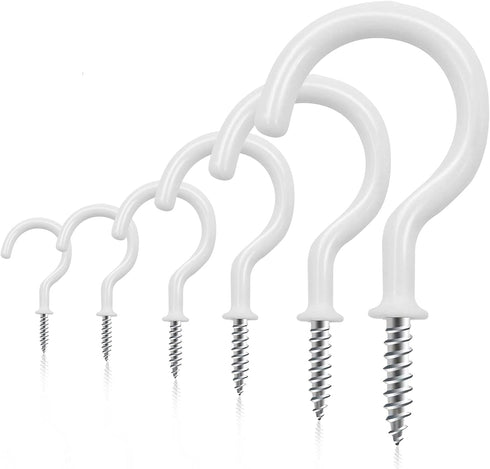 100 PCS Screw in Cup Hooks, 6 Size Vinyl Coated Screw Hooks for Indoor & Outdoor Use, White