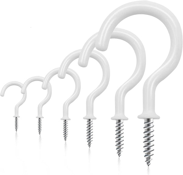 100 PCS Screw in Cup Hooks, 6 Size Vinyl Coated Screw Hooks for Indoor & Outdoor Use, White