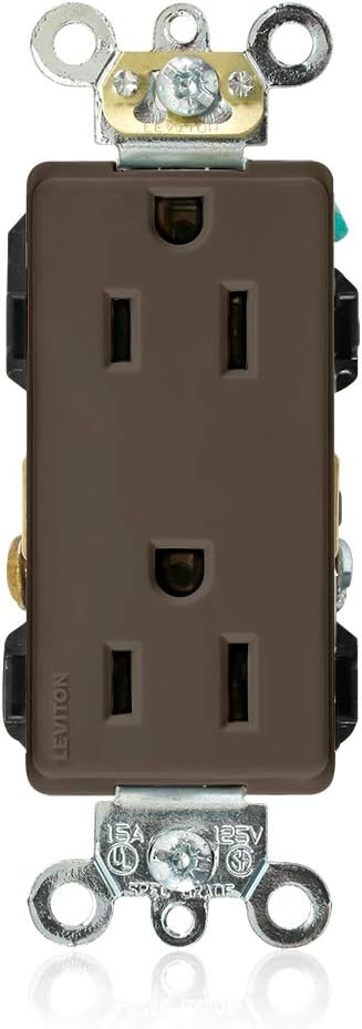 Leviton 16262 15 Amp, 125 Volt, Decora Plus Duplex Receptacle, Industrial Grade, Self Grounding, Brown