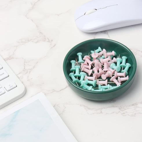 Small Ceramic Paperclip Holder for Desk, Round Push Pin Organizer, Macaron Dark Green Storage Plate