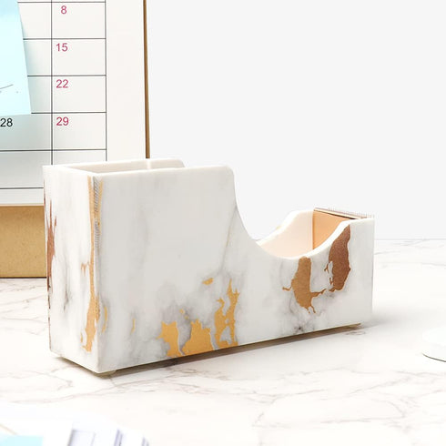 White Marble Texture Tape Dispenser, Gold Line Holder, Non-Skid Base, Adhesive Roll Cutter