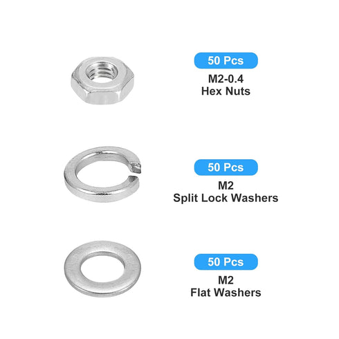 Hex Nuts Assortment Kit: 150Pcs M2-0.4 Hex Nuts with M2 Flat Washers & Split Lock Washers in Stainless Steel