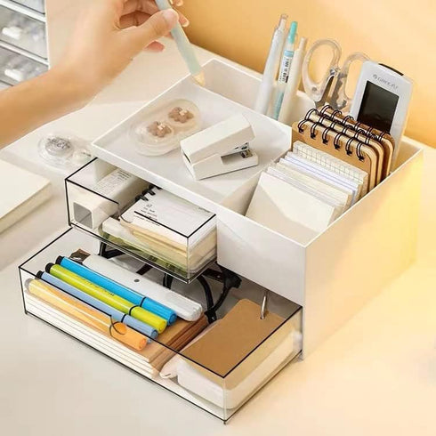 Desk Drawer Organizer, White Storage Box with 2 Drawers and 4 Compartments for Multifunctional Desk Accessories