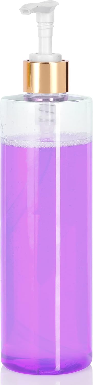 JUVITUS 8 oz Clear Cylinder PET Bottles with Gold Lotion Pump, 12 Pack