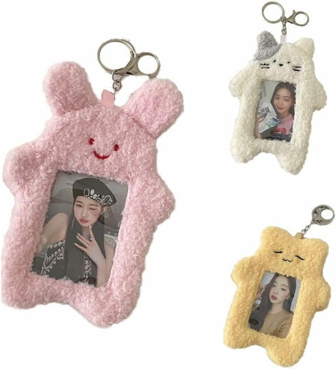 White Cartoon Plush Photocard Holder - Outdoor Girl Korean Style ID Card Cover, Protective Case for Student Badges