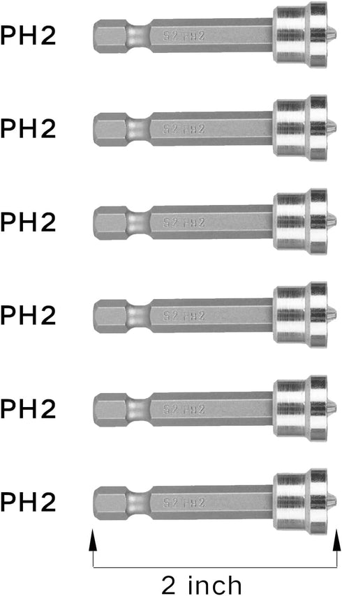 Screwdriver Bit Set, PH2 Drywall Screw Setters, 2 Inch, 6 Pieces with Transparent Plastic Case
