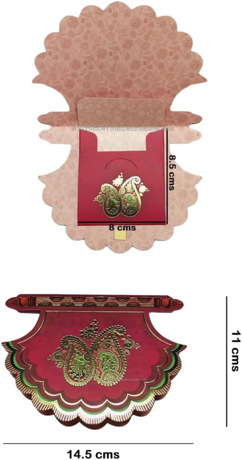 Shagun Envelopes - Pankha Fan Shaped - 2-fold Fancy Designer Set - Pack of 10 - Red for Indian Wedding