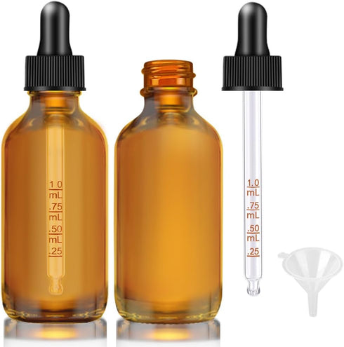 Dropper Bottle 2 oz, 2 pack Amber Glass Eye Dropper Bottles with Labels and Funnel, Leakproof Essential Oils Bottles
