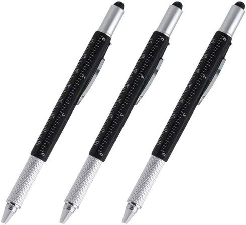 Stylus Pen, 7-in-1 Multi-Tool Touchscreen Stylus, Ballpoint Pen, Ruler, Level, Screwdrivers (3 Pack Black)