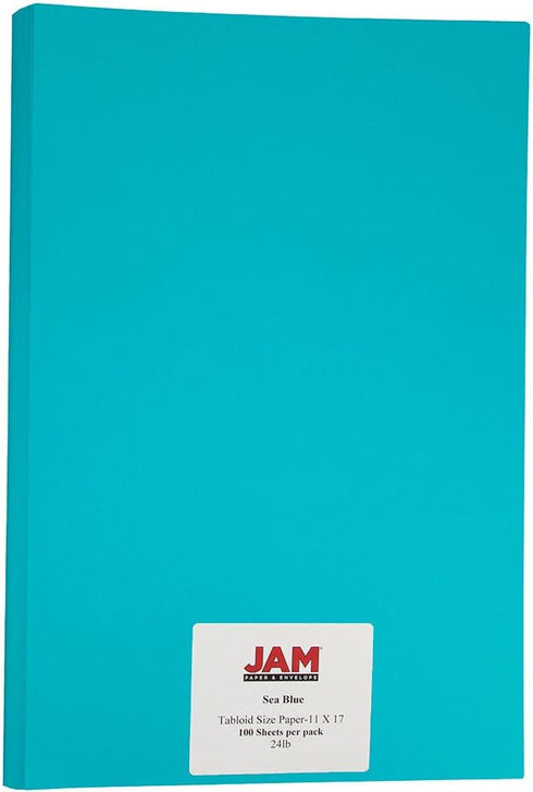 JAM PAPER Ledger Matte 24lb Paper, 11 x 17 Tabloid, Sea Blue Recycled, 100 Sheets/Pack