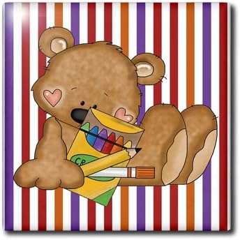 3dRose 8 Inch Cute School Bear with Crayons Pencil and Glue Stick On Striped Background Ceramic Tile