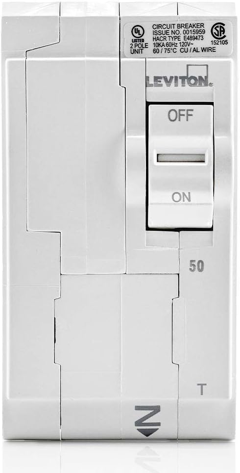 Leviton LB250-T 50A 2-Pole Plug-On Standard Branch Circuit Breaker, Thermal Magnetic, 120/240 VAC, White by Leviton