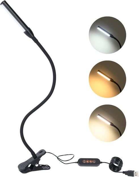 Clip on Reading Light, Clip Light with Warm & Daylight & White Light, 3 Colors, Eye-Care Clamp Lamp with 10 Modes