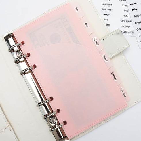 Pink Cash Envelopes A6 Binder Pockets with 6 Tabs and Label Stickers for Budgeting, A6 6-Ring Budget Binder Accessories
