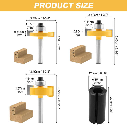 Frandilo 1/4 Inch Set, 3 6 Set (1/16", 1/8", 3/16", 1/4", 5/16", 3/8" 1/4" 1/2" Shank Rabbet Router Bit PCS Rabbeting