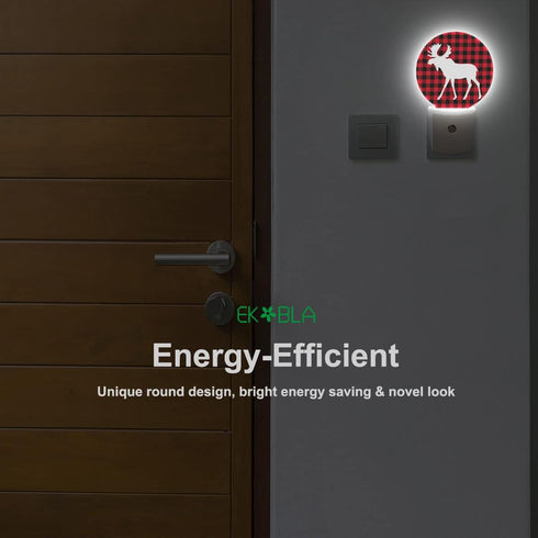 EKOBLA Moose Night Light Christmas Red Black Plaid Plug-in Nightlights Auto Sensor Energy Efficient Dusk to Dawn LED