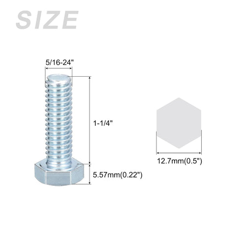 Hex Bolts 10Pcs (5/16-24x1-1/4"), Grade 2 Carbon Steel Zinc Plated Fully Threaded Hex Head for Furniture Repair